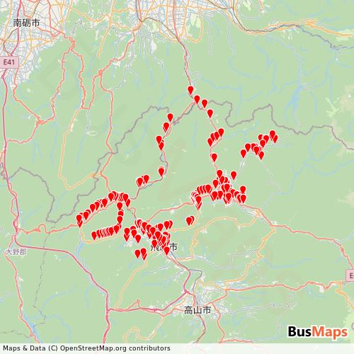 Transit map showing hidacity-communitybus routes and stops in Japan