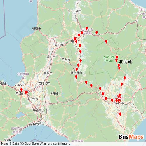 Transit map showing inter-city-highway-bus routes and stops in Japan
