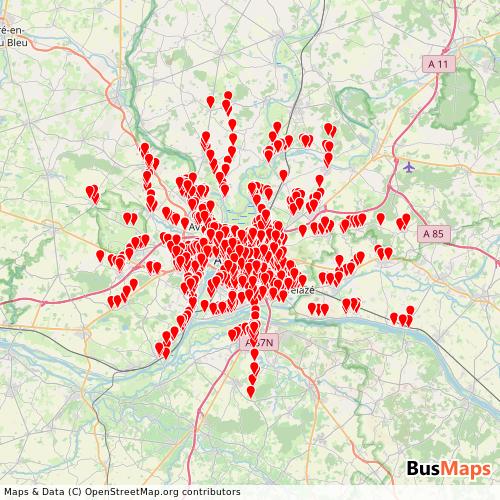 Transit map showing irigo-angers routes and stops in France