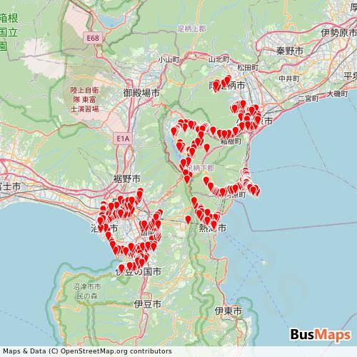 Transit map showing izuhakonebus-izhb routes and stops in Japan