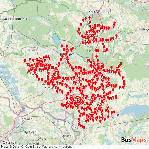 Transit map showing jastrzebie-zdroj routes and stops in Poland