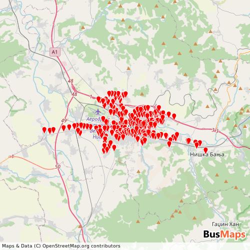 Transit map showing jgpnis routes and stops in Serbia