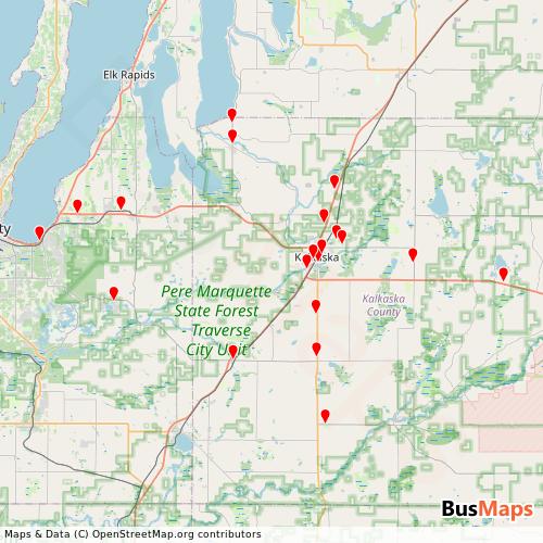 Transit map showing kalkaska routes and stops in United States