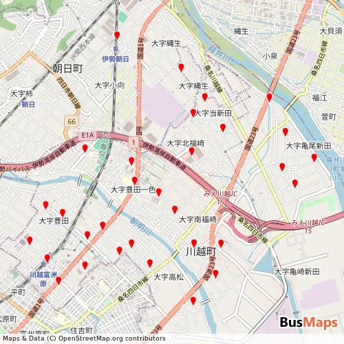 Transit map showing kawagoetown-fureaibus routes and stops in Japan