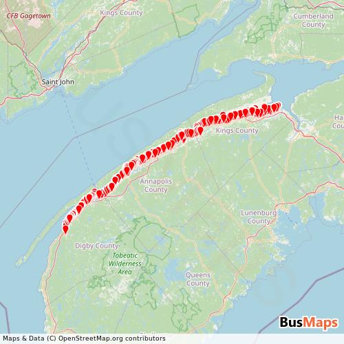 Transit map showing kings-transit-authority routes and stops in Canada