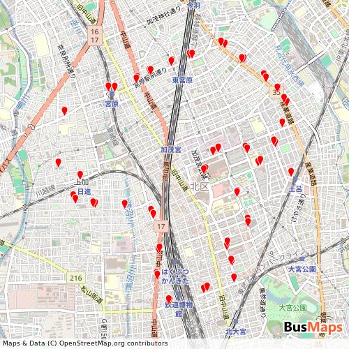 Transit map showing kitakucommunitybus routes and stops in Japan