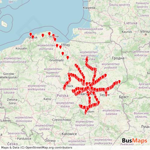 Transit map showing koleje-mazowieckie routes and stops in Poland