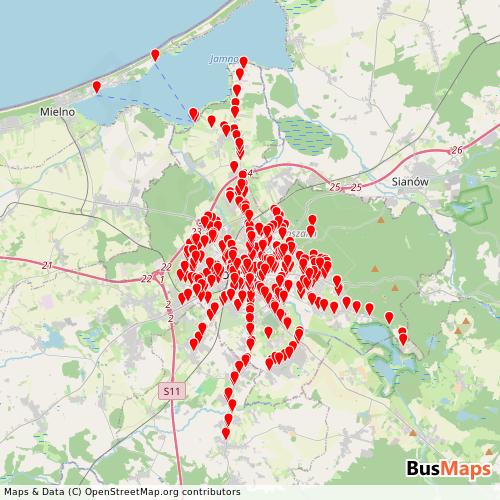 Transit map showing koszalin routes and stops in Poland