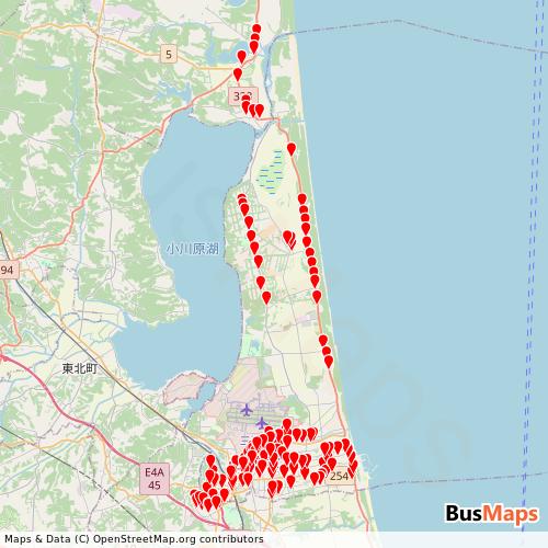 Transit map showing misawacity-mebus routes and stops in Japan