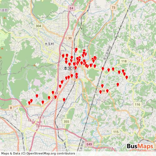 Transit map showing motomiyacity-motomiyashibus routes and stops in Japan