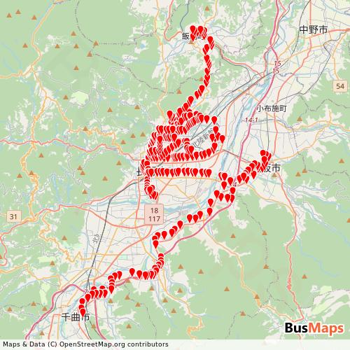 Transit map showing nagadenbus-nagadenbus-nagano routes and stops in Japan