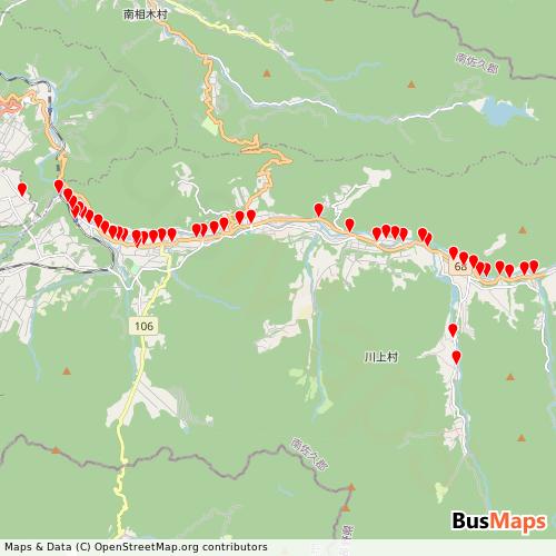 Transit map showing nagano-kawakamivillage-kawakamibus routes and stops in Japan