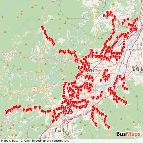 Transit map showing naganocity-shiei-noriaibus routes and stops in Japan