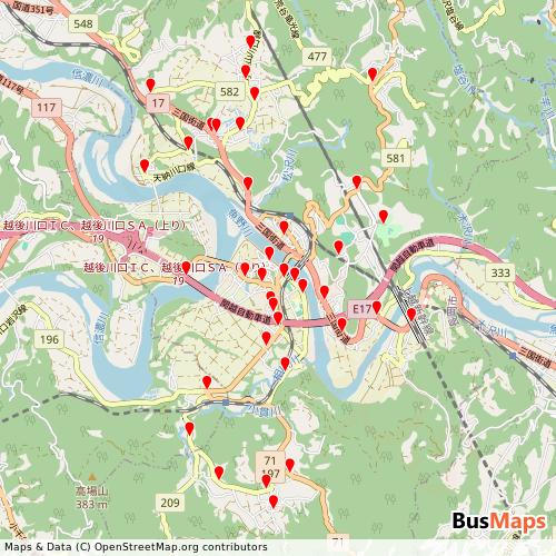 Transit map showing nagaoka-kawaguchi routes and stops in Japan