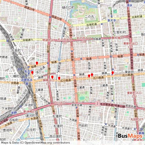 Transit map showing nagoyasrt-alllines routes and stops in Japan