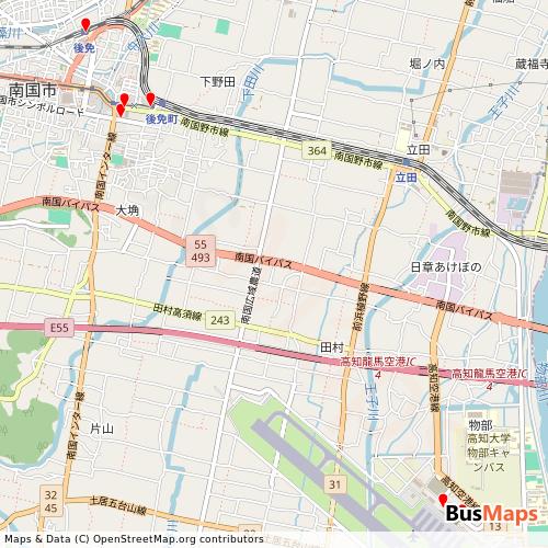 Transit map showing nangokucity-gtfs-nankokucity-airportshare routes and stops in Japan