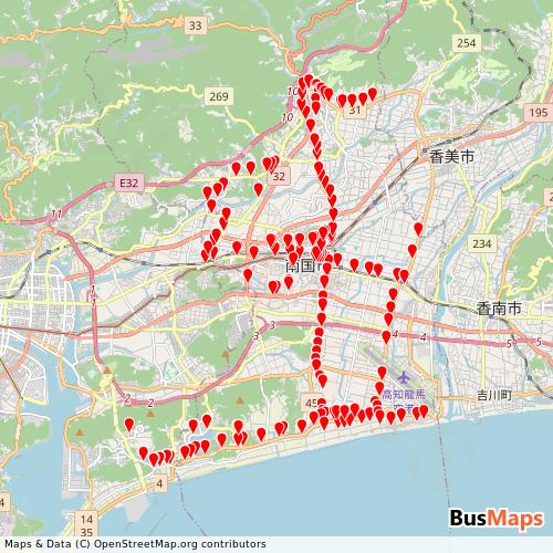 Transit map showing nangokucity-gtfs-nankokucity-bus routes and stops in Japan