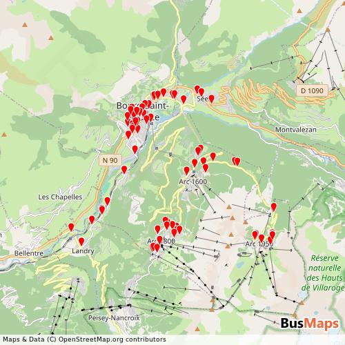 Transit map showing navettes-bourg-saint-maurice routes and stops in France