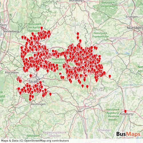 Transit map showing nvbw-rbs routes and stops in Germany