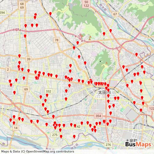 Transit map showing ootacitybus routes and stops in Japan