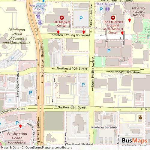 Transit map showing ou-health routes and stops in United States