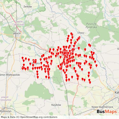 Transit map showing ppl routes and stops in Poland