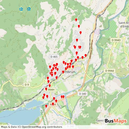 Transit map showing reseau-vai-embrun routes and stops in France