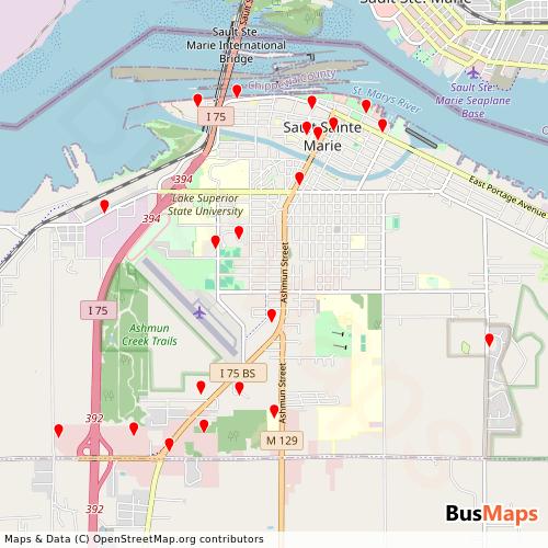 Transit map showing sault-ste-marie-dial-a-ride routes and stops in United States