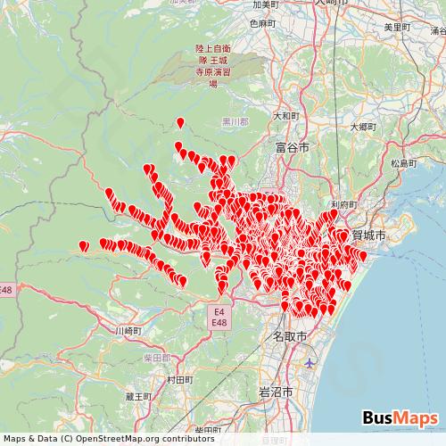 Transit map showing sendaimunicipal routes and stops in Japan