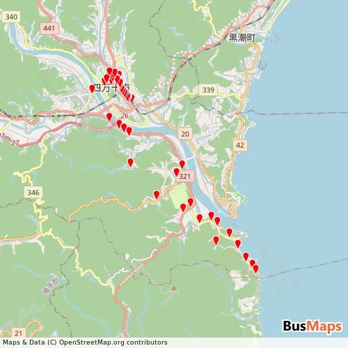 Transit map showing shimantocity-gtfs-shimantocity-demandbus routes and stops in Japan