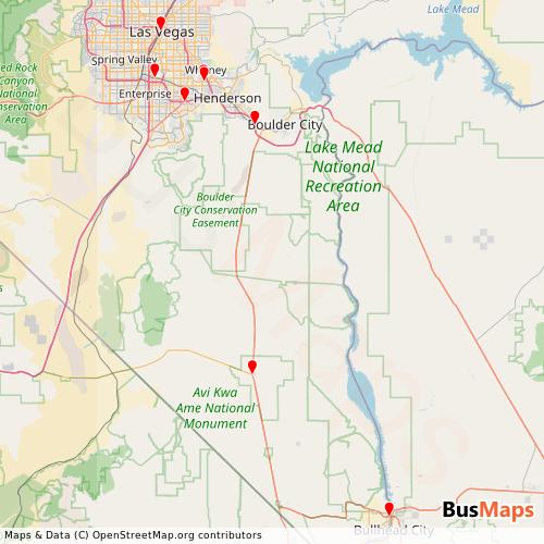 Transit map showing silver-rider-laughlin-express routes and stops in United States