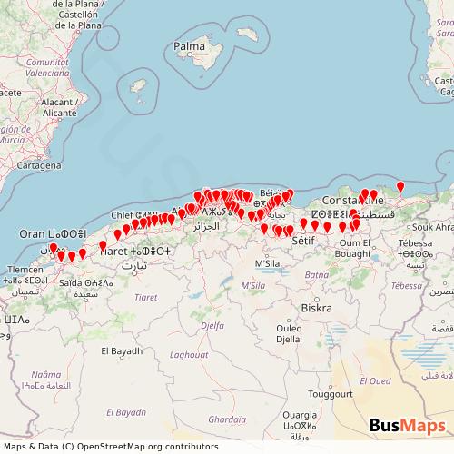 Transit map showing societe-nationale-des-transports-ferroviaires routes and stops in Algeria
