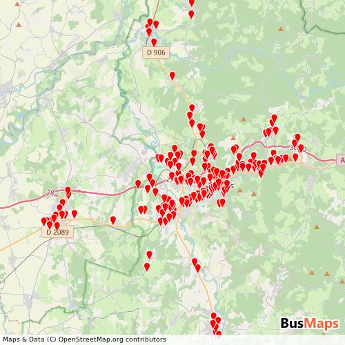 Transit map showing thiers-smtut routes and stops in France