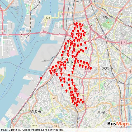 Transit map showing tokaicity-tokai-ranranbus routes and stops in Japan