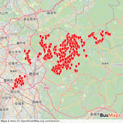 Transit map showing toyotacity-chiikibus routes and stops in Japan