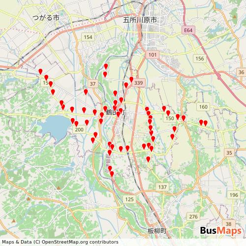 Transit map showing tsuruta-townbus routes and stops in Japan