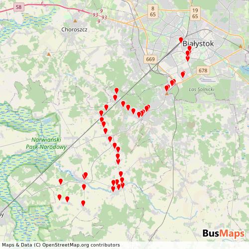 Transit map showing turosn-koscielna routes and stops in Poland