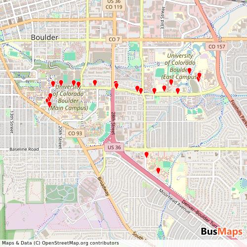 Transit map showing university-of-colorado-boulder routes and stops in United States