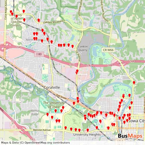 Transit map showing university-of-iowa-cambus routes and stops in United States