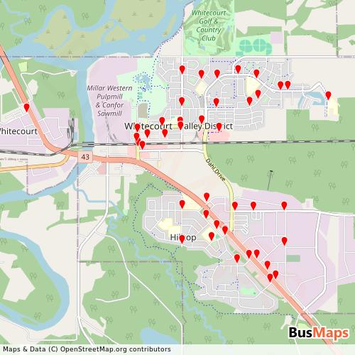 Transit map showing whitecourt-transit routes and stops in Canada