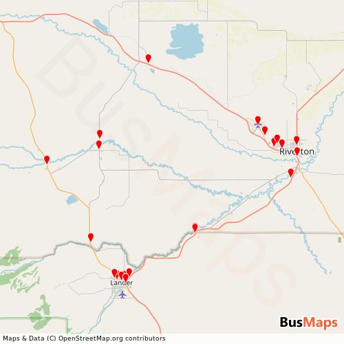 Transit map showing wind-river-transportation-authority routes and stops in United States