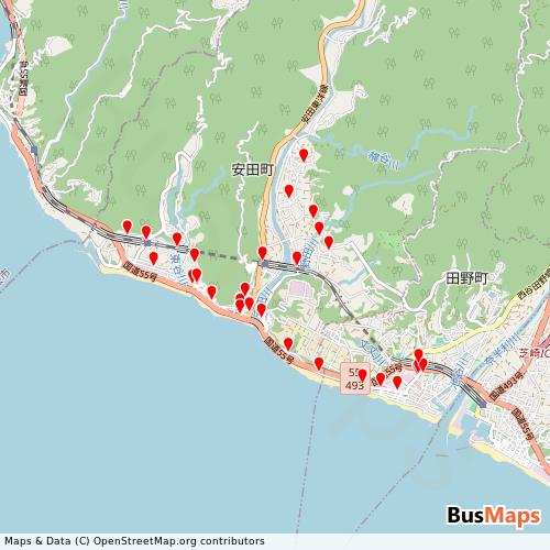 Transit map showing yasudatown-gtfs-yasudatown-bus routes and stops in Japan