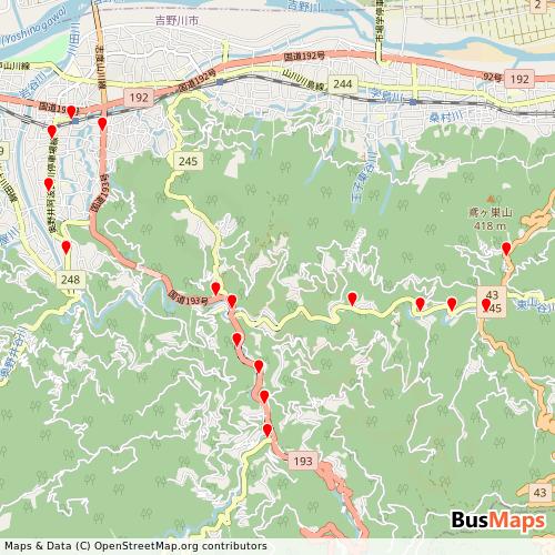 Transit map showing yoshinogawacity-yoshinogawacitybus routes and stops in Japan