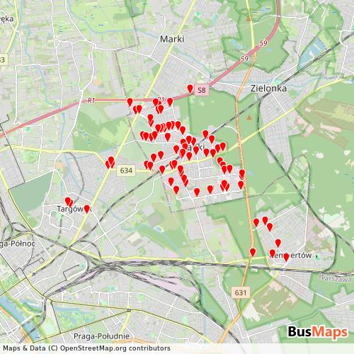 Transit map showing zabki routes and stops in Poland