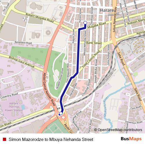Simon Mazorodze to Mbuya Nehanda Street bus Line Map