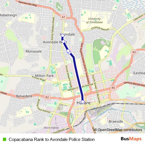 Copacabana Rank to Avondale Police Station bus Line Map