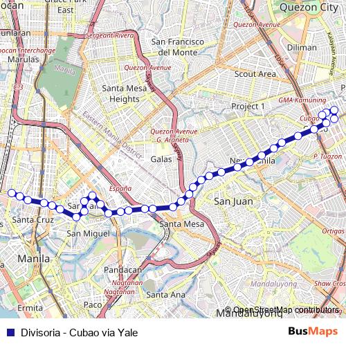 Divisoria - Cubao via Yale bus Line Map