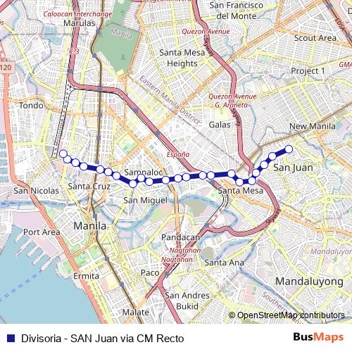 Divisoria - SAN Juan via CM Recto bus Line Map