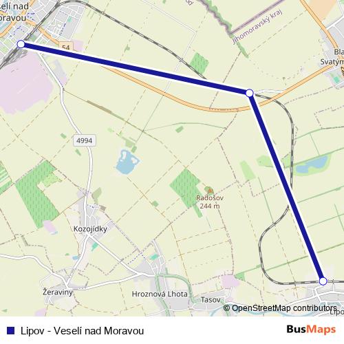 Lipov - Veselí nad Moravou rail Line Map