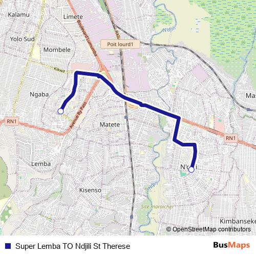 Super Lemba TO Ndjili St Therese bus Line Map